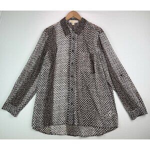 MICHAEL KORS Sheer Blouse Tunic Brown/White Roll-Tab Sleeve Button Down NWT 1X‎